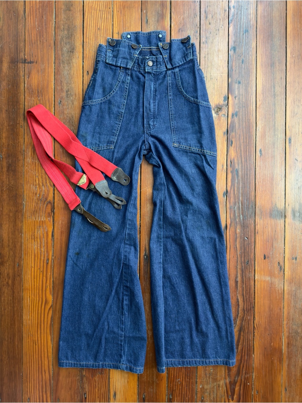 Vintage 70s Our Bottoms / Black Jack Denim Co red suspender jeans
